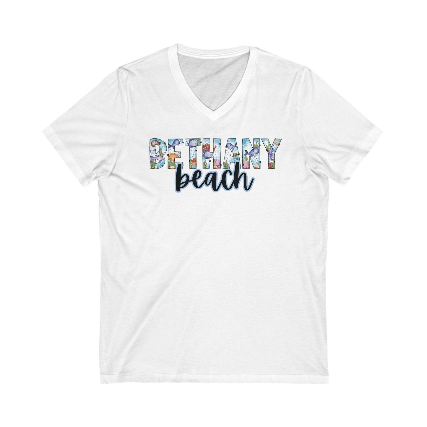 Bethany Beach Delaware Ocean Fonts Unisex V-Neck T-Shirt