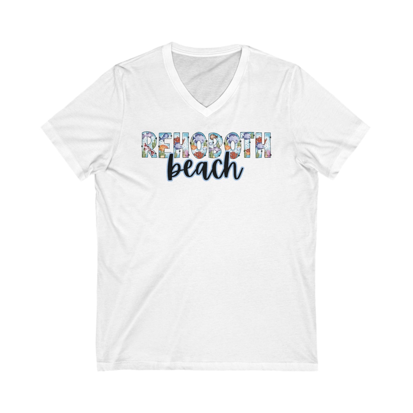 Rehoboth Beach Delaware Ocean Fonts Unisex V-Neck T-Shirt