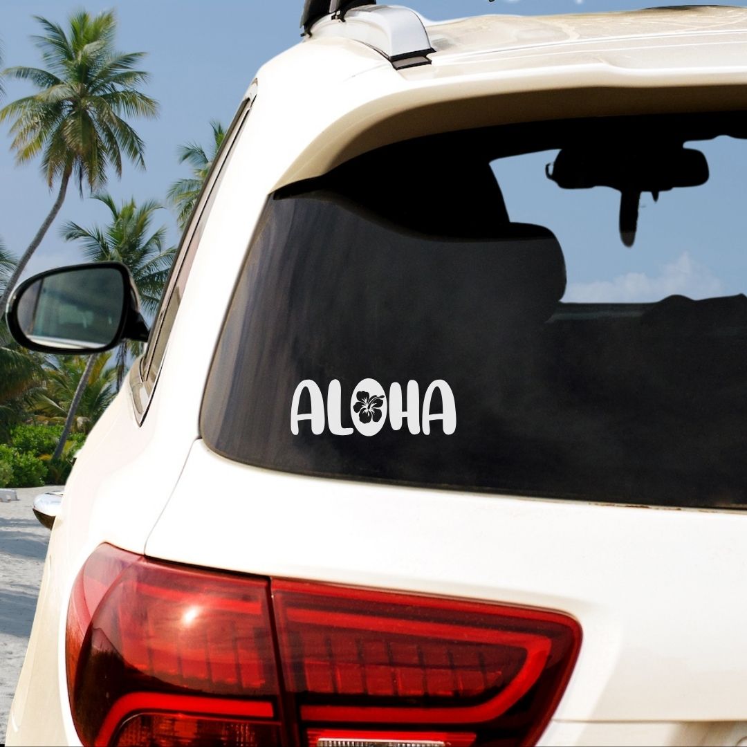 Aloha with Hibiscus Flower Vinyl Decal - 6 Colors Available