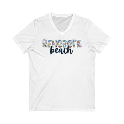 Rehoboth Beach Delaware Ocean Fonts Unisex V-Neck T-Shirt