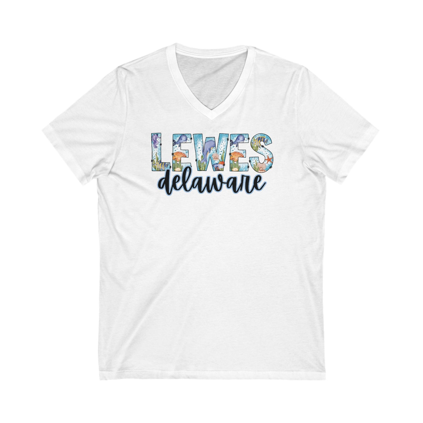 Lewes Delaware Ocean Fonts Unisex V-Neck T-Shirt