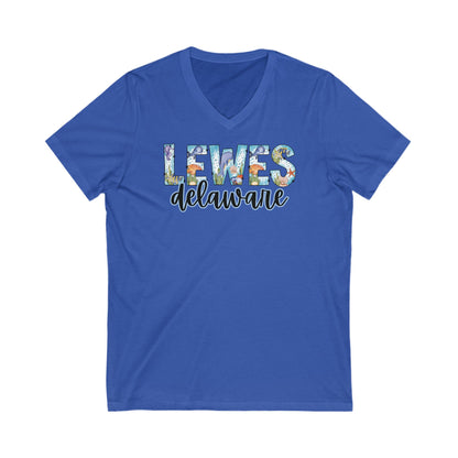 Lewes Delaware Ocean Fonts Unisex V-Neck T-Shirt