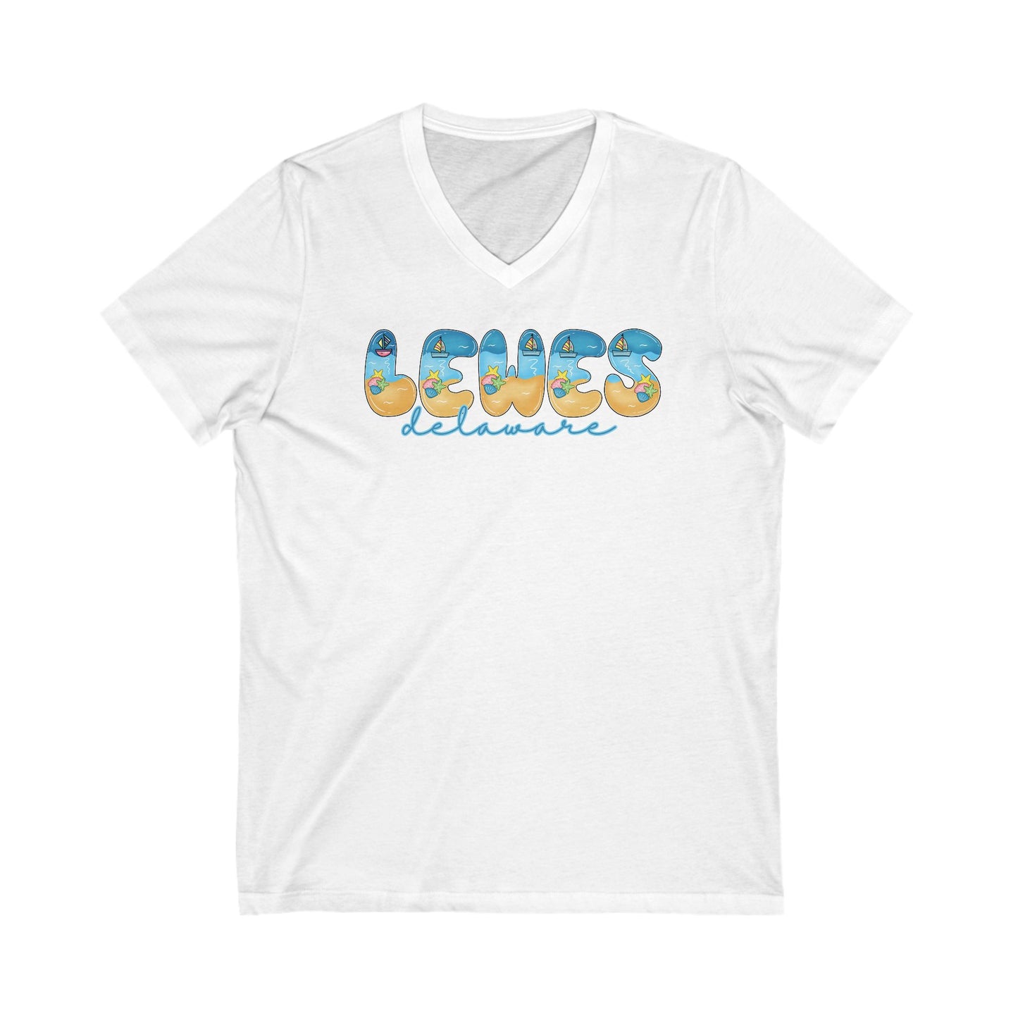 Lewes Delaware Beach Fonts Unisex V-Neck T-Shirt