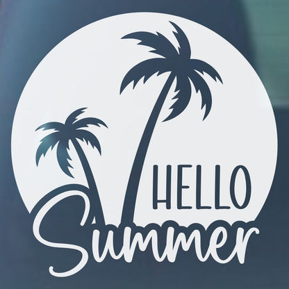 Hello Summer with Palm Trees Vinyl Decal - 6 Colors Available