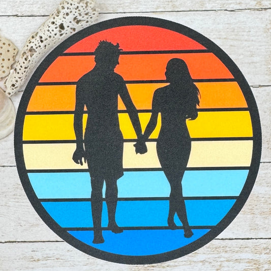 Beach Couple Silhouette Sunset Die Cut Sticker