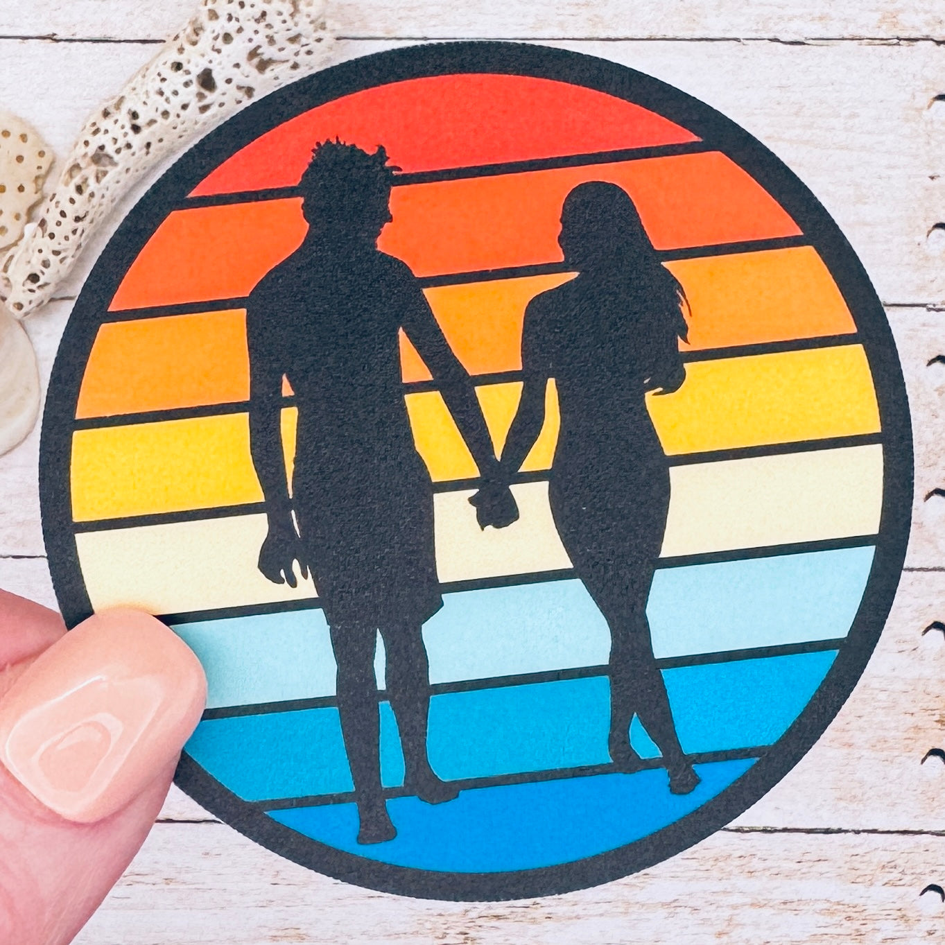 Beach Couple Silhouette Sunset Die Cut Sticker