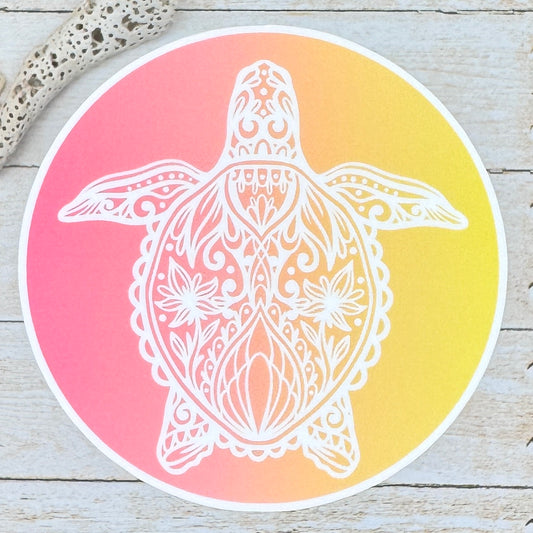 Sea Turtle Mandala Gradient Pink and Yellow Die Cut Sticker