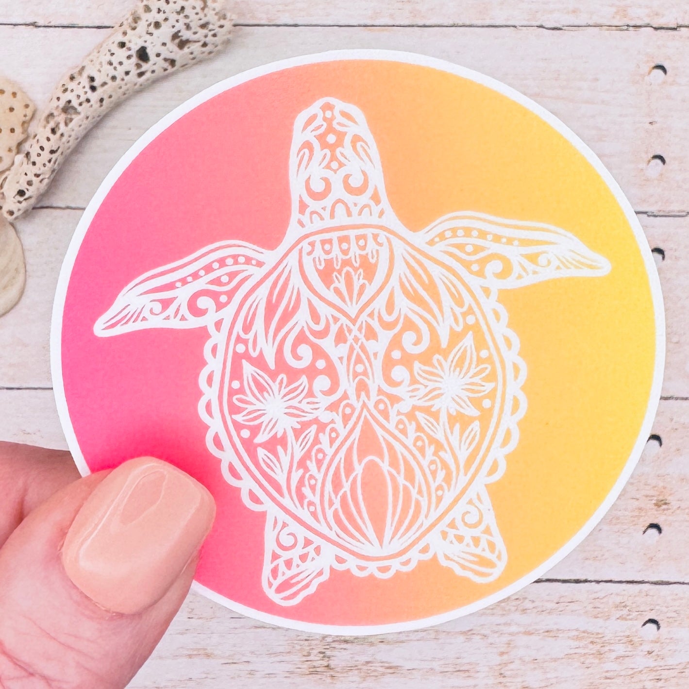 Sea Turtle Mandala Gradient Pink and Yellow Die Cut Sticker