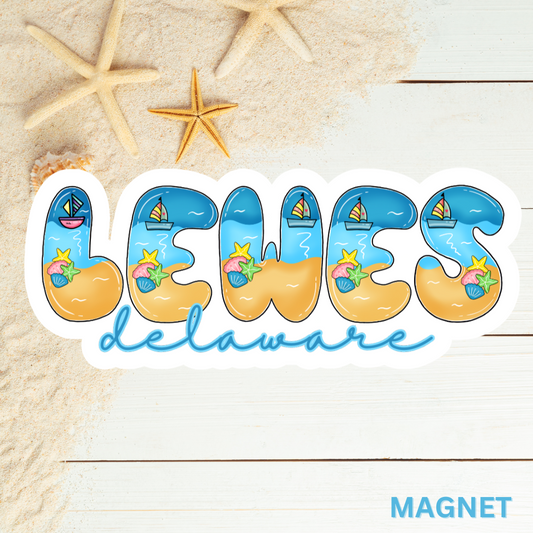 Lewes Delaware Bubble Beach Font Die Cut Magnet