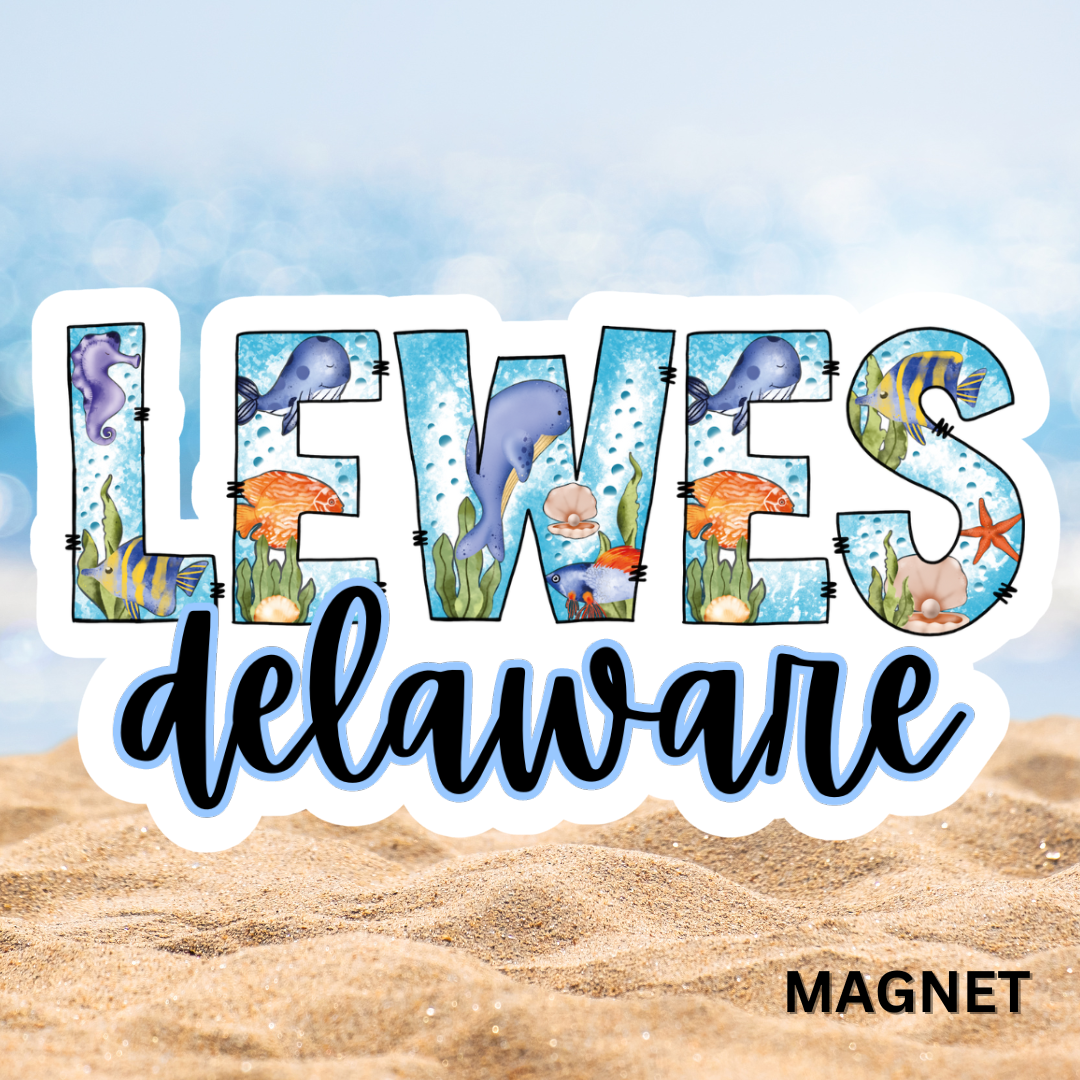 Lewes Delaware Ocean Font Die Cut Magnet