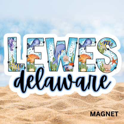 Lewes Delaware Ocean Font Die Cut Magnet