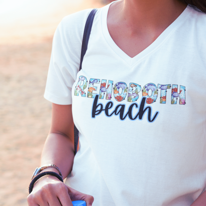 Rehoboth Beach Delaware Ocean Fonts Unisex V-Neck T-Shirt