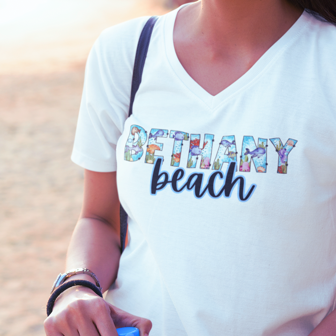 Bethany Beach Delaware Ocean Fonts Unisex V-Neck T-Shirt