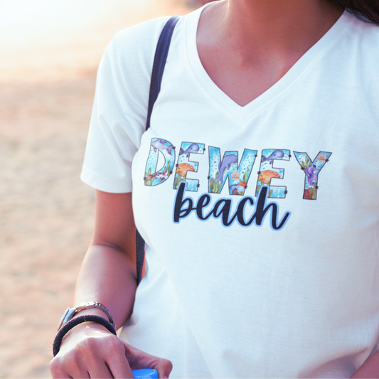 Dewey Beach Delaware Ocean Fonts Unisex V-Neck T-Shirt