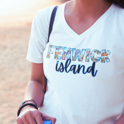 Fenwick Island Delaware Ocean Fonts Unisex V-Neck T-Shirt