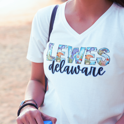 Lewes Delaware Ocean Fonts Unisex V-Neck T-Shirt